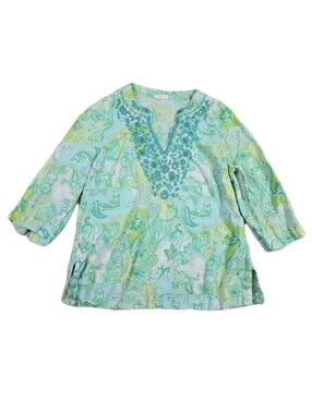 Charter Club Linen Top Size L Boho Green Blue Paisley Floral Embroidered Beachy